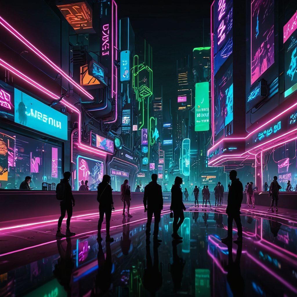 Create an enticing digital landscape filled with abstract representations of adult entertainment themes, featuring glowing neon lights and silhouettes of diverse individuals engaging in playful interactions. Add elements like a virtual navigation bar and floating icons to emphasize the online aspect. Infuse the scene with a sense of exploration and excitement, inviting viewers to dive into the virtual realm. Use vibrant colors and a cyberpunk style.