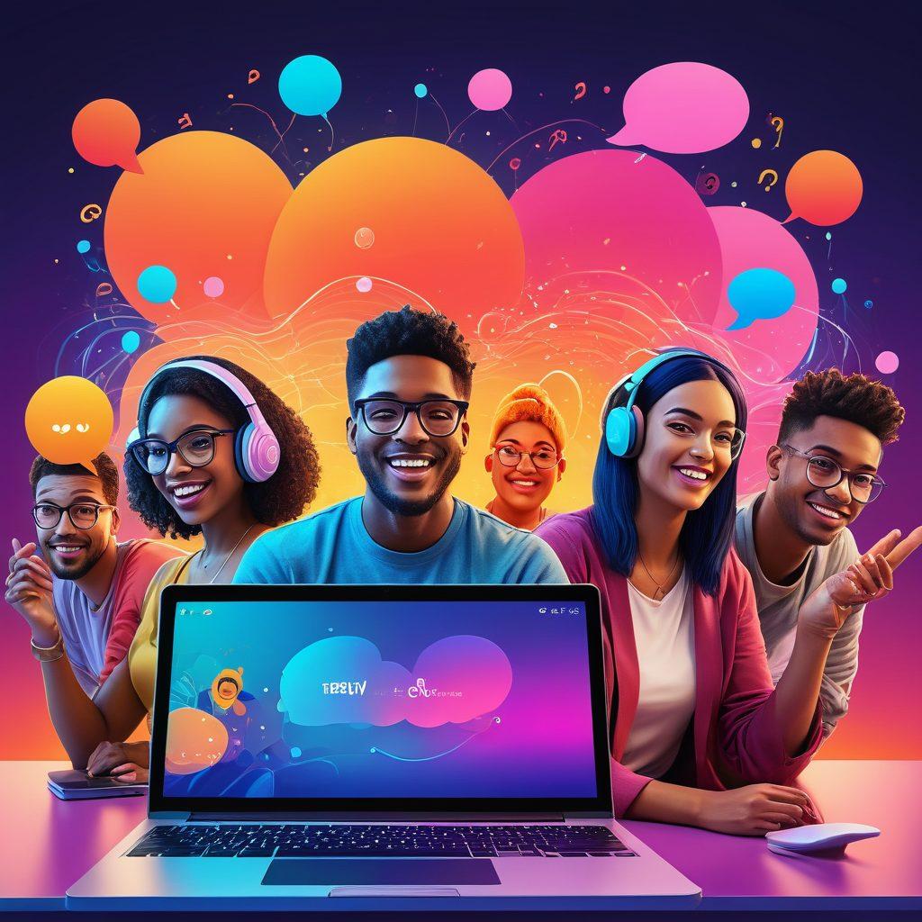 A dynamic scene featuring a diverse group of adults engaged in interactive streaming sessions, showcasing vibrant webcam displays filled with fun emoticons and chat bubbles. Brightly colored background with modern tech elements like laptops and cameras, creating a lively and inviting atmosphere. Capture the excitement of real-time connections and engagement in streaming. glossy finish. vibrant colors. digital art.