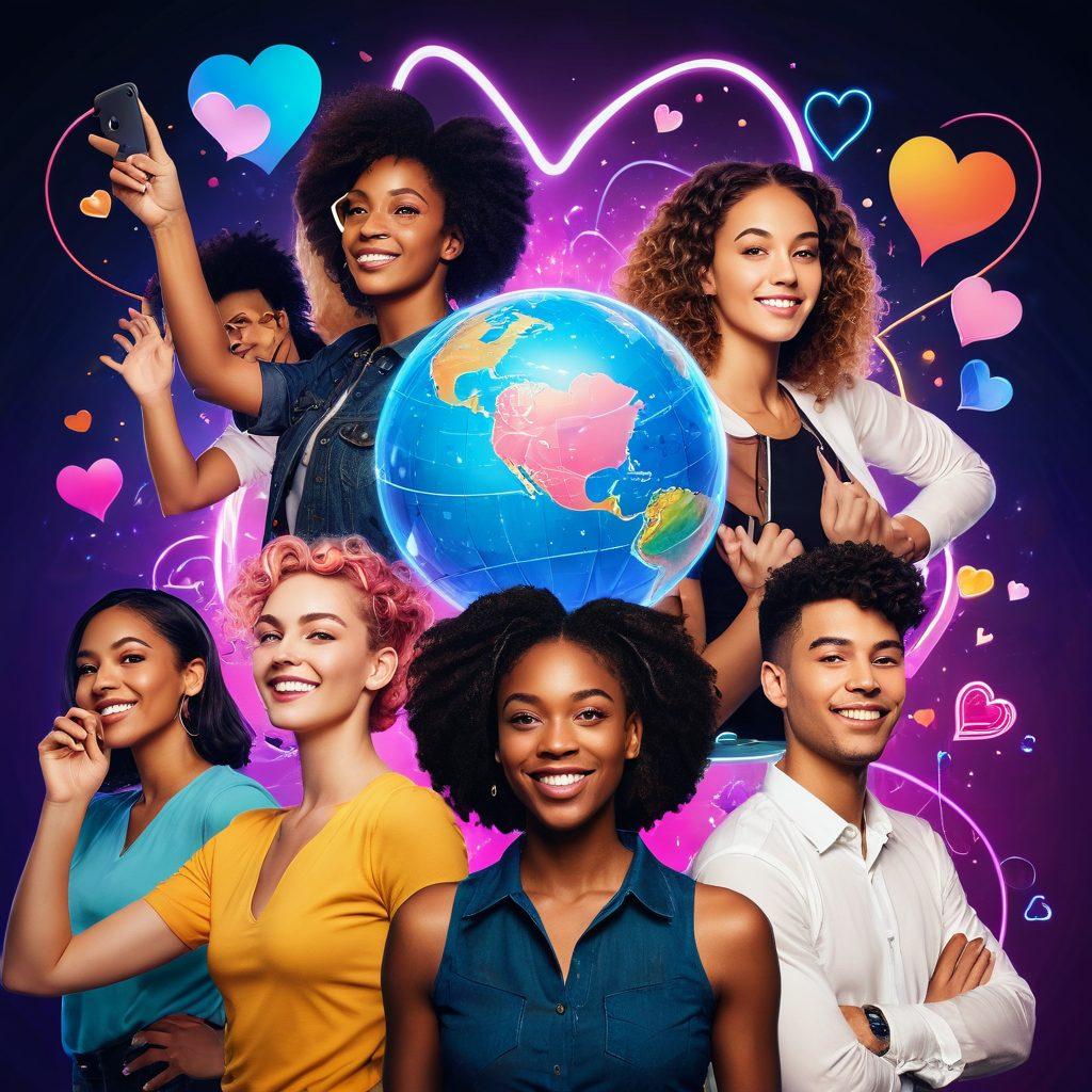 A vibrant collage depicting a variety of interactive webcam shows, showcasing diverse performers in dynamic poses, surrounded by digital elements like hearts and chat bubbles, emphasizing connection and engagement. The background should feature a modern, tech-inspired ambiance with neon lights and a globe to symbolize global reach. super-realistic. vibrant colors. digital art.